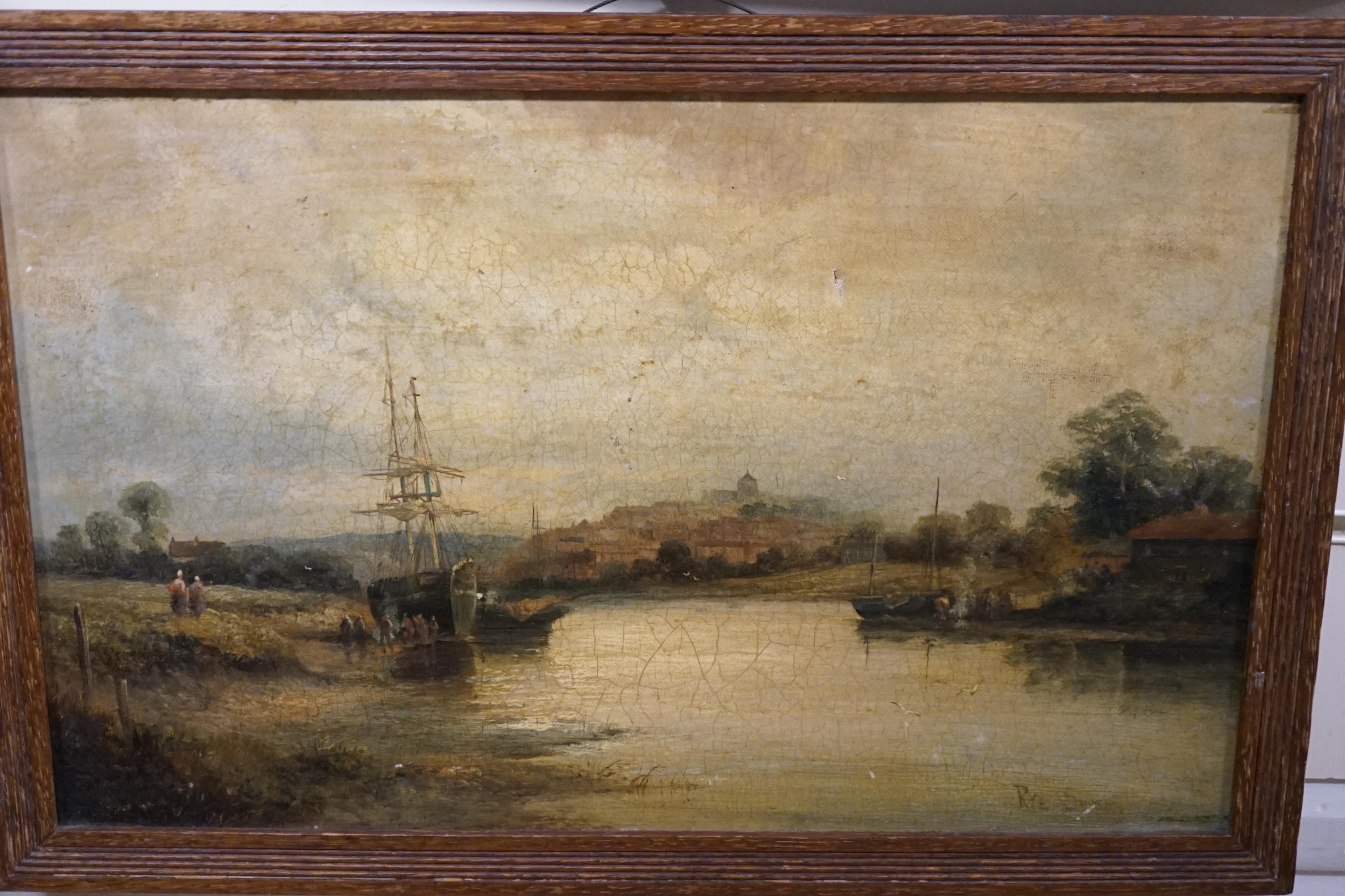 19th century, two oils on canvas, Riverscapes including ‘Rye at low tide, Sussex’, largest 24.5 x 40cm. Condition - poor to fair, one with tear to the canvas